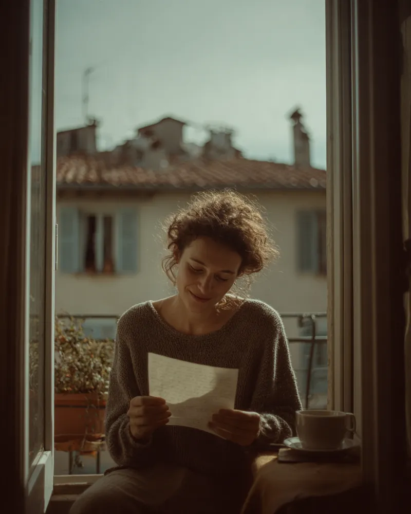 A woman reading a letter by a window in a sunny apartment abroad